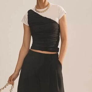 NEW Anthropologie One-Shoulder Ruched Crop Top Sz L Black